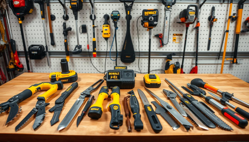 A well-organized DEWALT yard tool maintenance station, neatly arranged on a wooden workbench. In the foreground, various garden tools - pruners, hedge trimmers, lawnmower blades - are laid out, ready for sharpening and inspection. Overhead, a soft, even lighting illuminates the scene, casting gentle shadows. In the middle ground, a DEWALT cordless power tool and its battery charger sit, symbolizing the convenience and reliability of the brand. The background features a wall-mounted tool storage system, with hooks and shelves holding DEWALT string trimmers, chainsaws, and other outdoor power equipment, all showcasing the comprehensive DEWALT yard tool lineup. The overall atmosphere is one of organized efficiency, inviting the viewer to take care of their DEWALT yard tools with confidence.