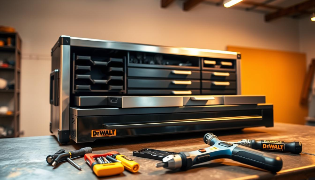 A well-organized DeWALT Tough System tool box rests on a sturdy workbench, bathed in warm, focused lighting. The metallic exterior gleams, reflecting the precision engineering. Trays and drawers are meticulously arranged, showcasing the system's modular flexibility. In the foreground, a set of screwdrivers, pliers, and a torque wrench demonstrate the tools required for routine maintenance. The background features a clean, minimalist workshop space, emphasizing the Tough System's rugged, professional-grade design. An atmosphere of diligence and reliability permeates the scene, conveying the importance of proper care and upkeep for this durable, high-performance tool storage solution.
