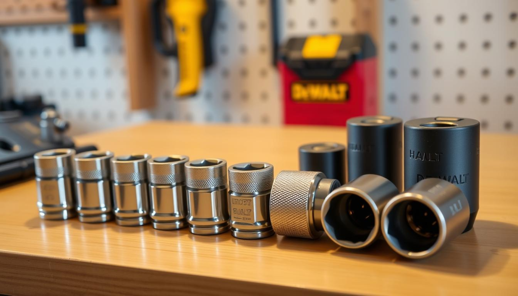 A well-organized DeWalt impact socket set displayed on a clean, wooden workbench. The sockets, ranging from small to large, are neatly arranged in a linear pattern, reflecting the attention to detail required for proper socket set maintenance. Soft, directional lighting from the side casts subtle shadows, highlighting the textured metal surfaces and chrome plating. The overall mood is one of precision, organization, and the pride of a well-cared-for automotive tool collection.