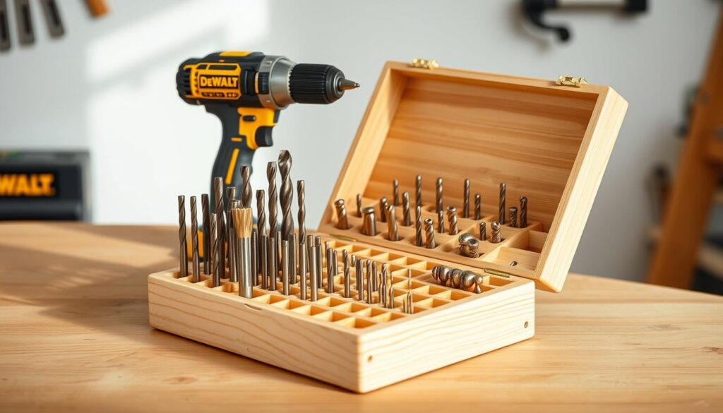 A well-organized and meticulously curated DeWalt drill bit storage system, featuring a sturdy, wooden storage case with precisely-fitted compartments. The case is placed on a clean, minimalist wooden workbench, bathed in soft, natural lighting that accentuates the tool's metallic sheen. The drill bits are neatly arranged, showcasing their variety of sizes and types, conveying a sense of efficiency and professionalism. The overall scene exudes a mood of organized functionality, inspiring the viewer to properly maintain and protect their valuable DeWalt drilling tools for maximum longevity.