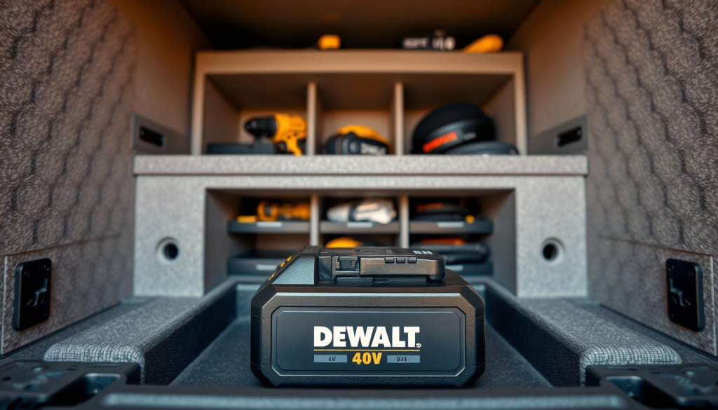 A well-organized storage solution for a DEWALT 40V battery, showcasing its sturdy construction and efficient organization. The foreground features the battery resting in a custom-designed compartment, with a neutral-toned, textured background. Soft, diffused lighting illuminates the battery's sleek, black casing, highlighting its premium design. The middle ground displays additional storage spaces, neatly arranged to accommodate various accessories and tools. The overall atmosphere conveys a sense of practicality and professionalism, suitable for maintaining the longevity of the DEWALT 40V power system.