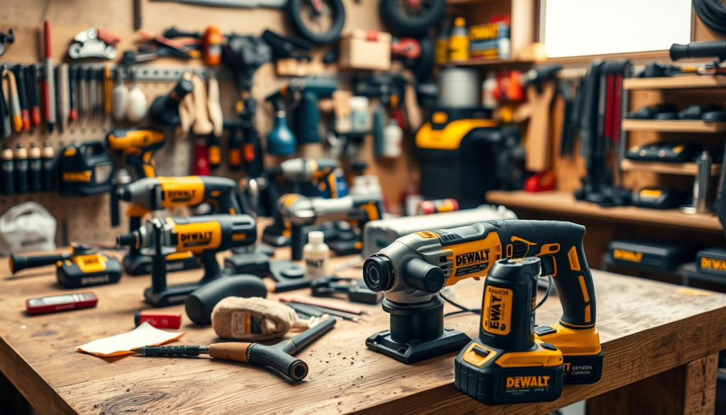 A well-organized workshop with a sturdy wooden workbench, various DEWALT power tools neatly arranged, and an array of maintenance supplies such as cleaning cloths, lubricating oils, and screwdrivers. Warm, diffused lighting illuminates the scene, casting soft shadows and highlighting the sheen of the tools. The focus is on the foreground, with the tools and materials taking center stage, while the background is slightly blurred, conveying a sense of depth and professionalism. The overall atmosphere is one of diligence, attention to detail, and a dedication to maintaining the high-quality performance of DEWALT tools.