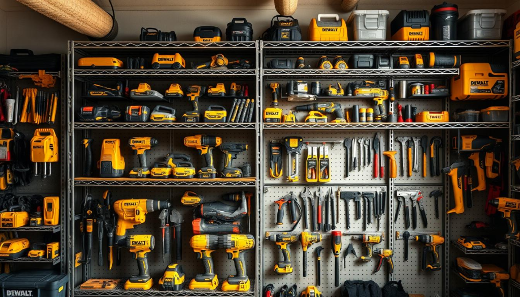 A well-organized workspace with a DEWALT tool storage solution, showcasing a sturdy metal shelving unit filled with an array of DEWALT power tools, hand tools, and accessories. The shelves are neatly arranged, with each item in its designated spot, creating a visually appealing and efficient storage system. Warm, natural lighting illuminates the scene, highlighting the high-quality construction and attention to detail of the DEWALT products. The overall atmosphere conveys a sense of productivity, organization, and pride in a meticulously curated workspace.