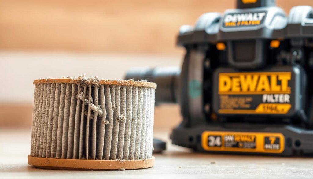 A well-used DEWALT vacuum filter, clogged with dust and debris, sits in the foreground against a soft, out-of-focus background. The filter's pleated surface catches the light, revealing its intricate texture. In the middle ground, a partially disassembled DEWALT vacuum cleaner showcases the filter's housing and replacement process. The lighting is natural, with warm tones highlighting the industrial design of the components. The overall mood conveys the common maintenance challenges faced by DEWALT tool owners when dealing with clogged or worn filters.
