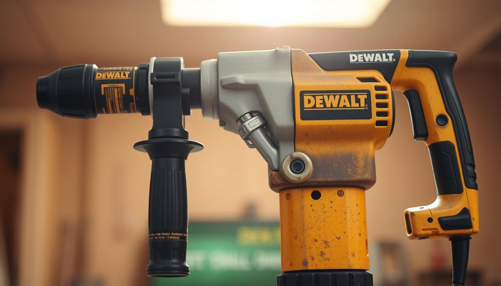 A well-worn DEWALT rotary hammer with a sturdy metal body and a powerful motor, standing prominently in the foreground against a softly blurred background. The tool is illuminated by a warm, natural light from an overhead source, casting subtle shadows that accentuate its rugged construction. The image conveys a sense of dependability and trust, reflecting the tool's reputation for reliable performance in demanding construction and renovation tasks.