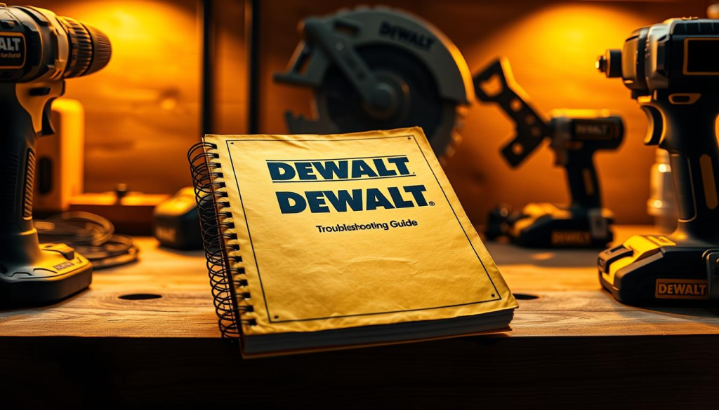 A well-worn, spiral-bound DEWALT Troubleshooting Guide sits on a wooden workbench, illuminated by warm, directional studio lighting. The cover features the iconic DEWALT logo in bold black text against a yellow background, conveying a sense of durability and reliability. The pages appear dog-eared, hinting at its frequent use in workshops and job sites. The guide is flanked by various DEWALT power tools, including a drill, circular saw, and impact driver, all casting subtle shadows on the surface, creating a cohesive and professional-looking scene.