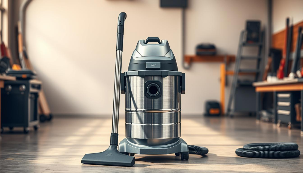 A wet dry vacuum cleaner with a robust, brushed metal exterior, sleek contours, and a powerful suction mechanism. Positioned in a well-lit, modern workshop setting, the vacuum stands upright, its hose and nozzle attachments neatly arranged and ready for use. Soft shadows create depth and dimensionality, while a warm, ambient light illuminates the scene, conveying a sense of efficiency and practicality. The overall composition emphasizes the vacuum's sturdy, high-quality construction and its suitability for tackling a wide range of cleaning tasks, from workshop debris to household messes.