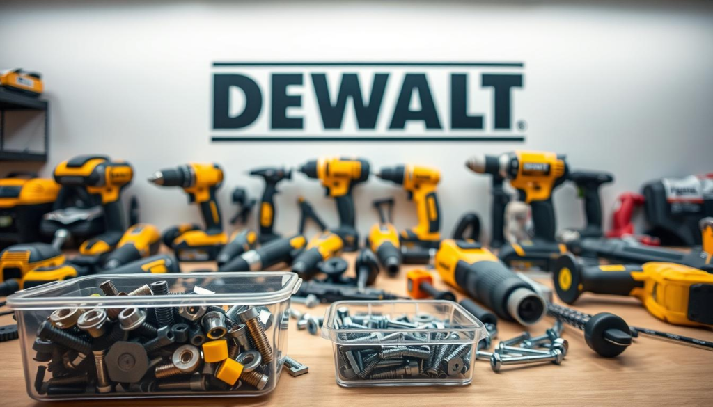 A workshop desk with an array of DEWALT power tools and replacement parts neatly organized. The foreground features a variety of screws, bolts, and small accessories in a transparent container. The middle ground showcases disassembled DEWALT tools, exposing their inner mechanisms. In the background, the DEWALT logo is prominently displayed on a clean, well-lit wall, highlighting the brand's reputation for quality and reliability. The lighting is soft and diffused, creating a sense of professionalism and attention to detail. The overall composition conveys the ease of finding compatible DEWALT replacement parts and the importance of maintaining one's tools for optimal performance.