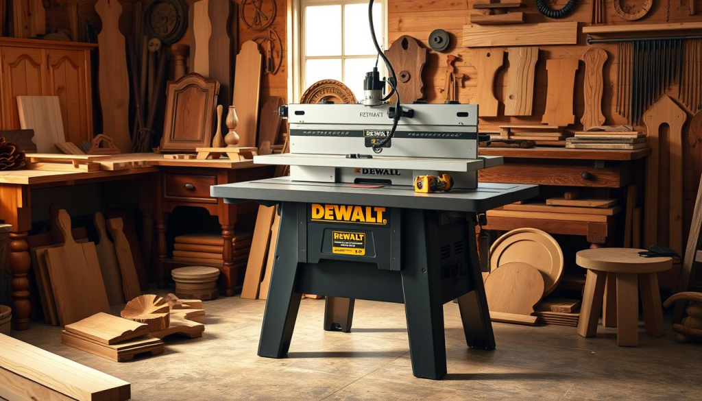 A workshop filled with the tools of the trade - a Dewalt router table stands proudly, surrounded by various woodworking projects. Intricate wooden pieces, from elegant furniture to delicate trim, adorn the surface, showcasing the versatility of this powerful tool. Warm, directional lighting casts soft shadows, highlighting the craftsmanship and attention to detail. The scene exudes a sense of productivity and accomplishment, inspiring the viewer to embark on their own creative woodworking journey with the Dewalt router table.