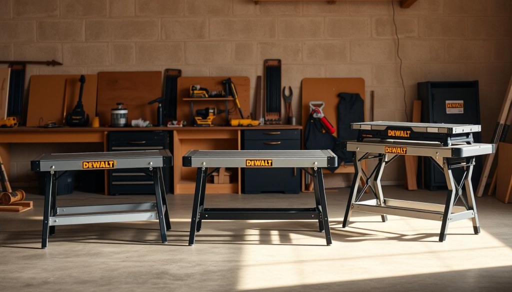 A workshop scene with three DeWalt folding workbench models prominently displayed in the foreground. The workbenches are shown in side-by-side comparison, highlighting their distinct features and designs. The middle bench is open and in use, while the other two are folded and stacked. Warm, natural lighting illuminates the scene, casting soft shadows and creating a sense of depth. The background features a workshop setting with tools, equipment, and a neutral-toned wall. The overall composition emphasizes the functional and compact nature of the DeWalt workbenches, inviting the viewer to explore and compare the different models.