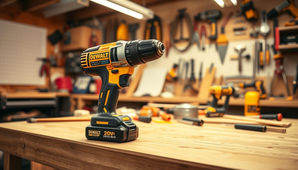 A workshop setting, with a DEWALT 20V MAX cordless drill taking center stage. The drill is set on a wooden workbench, its metallic body gleaming under the warm, focused lighting. Surrounding it are various DIY tools and materials, suggesting a hands-on, productive atmosphere. The drill's battery is visible, highlighting its cordless capability. The foreground is sharp and detailed, while the background is softly blurred, keeping the attention on the drill's performance. The scene conveys a sense of confidence, professionalism, and the drill's reliable power - ready to tackle any DIY project with ease.