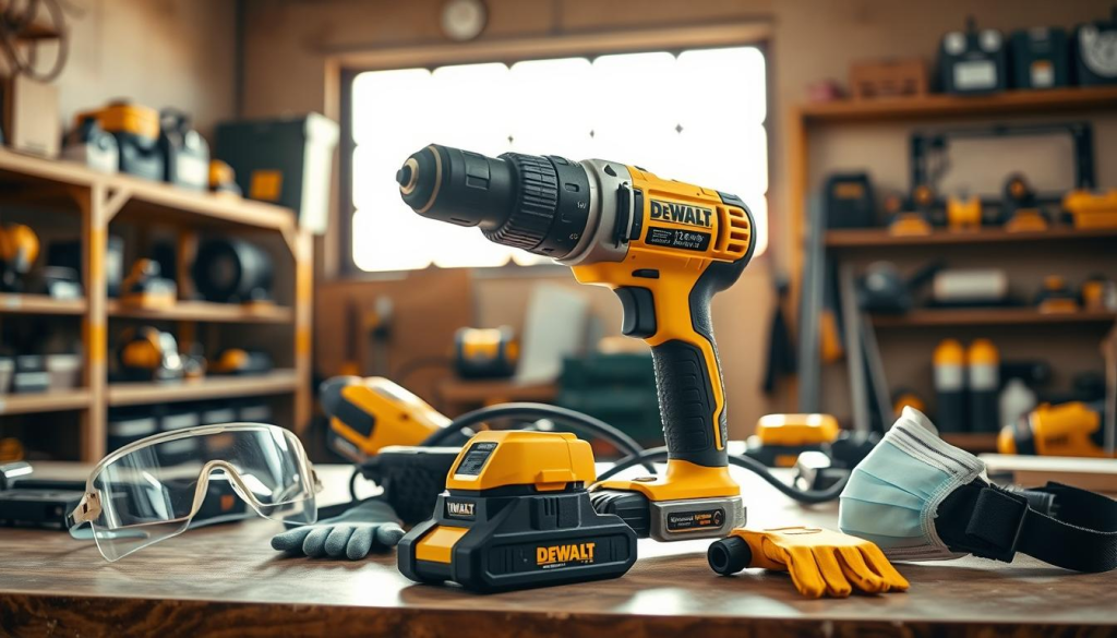 A workshop setting with a DEWALT angle drill prominently displayed on a workbench. The drill is surrounded by safety equipment like protective goggles, gloves, and a face mask. In the background, there are shelves with other DEWALT power tools, and a large window allows natural light to stream in, creating a warm, well-lit atmosphere. The scene conveys a sense of professionalism and attention to safety protocols when using this specialized power tool.