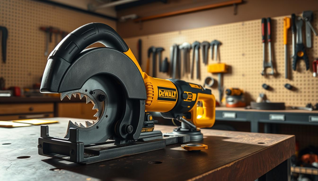 A workshop setting with a DeWalt metal cut-off tool prominently displayed on a sturdy workbench. The tool is shown in detail, highlighting its robust construction and safety features, such as a guard and ergonomic grip. Bright, directional lighting casts shadows that emphasize the tool's contours and mechanical components. The background features a clean, organized workspace with pegboard walls and neatly arranged tools, conveying a sense of professionalism and attention to safety protocols. The overall mood is one of precision, control, and a commitment to safe operating practices when using this powerful cutting device.