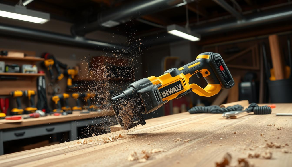 A workshop setting with a Dewalt DCS354 cordless reciprocating saw prominently featured in the foreground. The saw is cutting through a thick wooden beam, generating a shower of wood chips and sawdust. The middle ground shows various power tools and accessories arranged neatly on a workbench, suggesting the versatility of the DCS354. The background features a dimly lit industrial environment with exposed beams and pipes, creating a sense of rugged functionality. The lighting is soft and warm, highlighting the tool's sturdy construction and powerful performance. The overall scene conveys the cutting capabilities of the DCS354 in a professional, workshop-inspired setting.