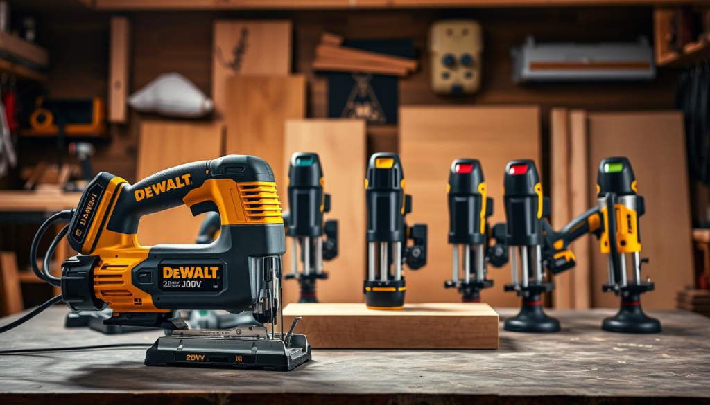 A workshop setting with a well-lit and organized display of power tools. In the foreground, a DEWALT 20V jigsaw stands prominently, its sleek design and vibrant branding capturing the viewer's attention. Surrounding it, a comparative arrangement of other leading jigsaw brands, each showcased with attention to detail, allowing a side-by-side evaluation of their features and capabilities. The middle ground features a meticulously crafted woodworking project, emphasizing the versatility and precision of the displayed tools. The background is softly blurred, creating a sense of depth and focus on the central comparison. Warm, directional lighting accentuates the tools' materials and textures, while a subtle shadow play adds depth and dimension to the scene.