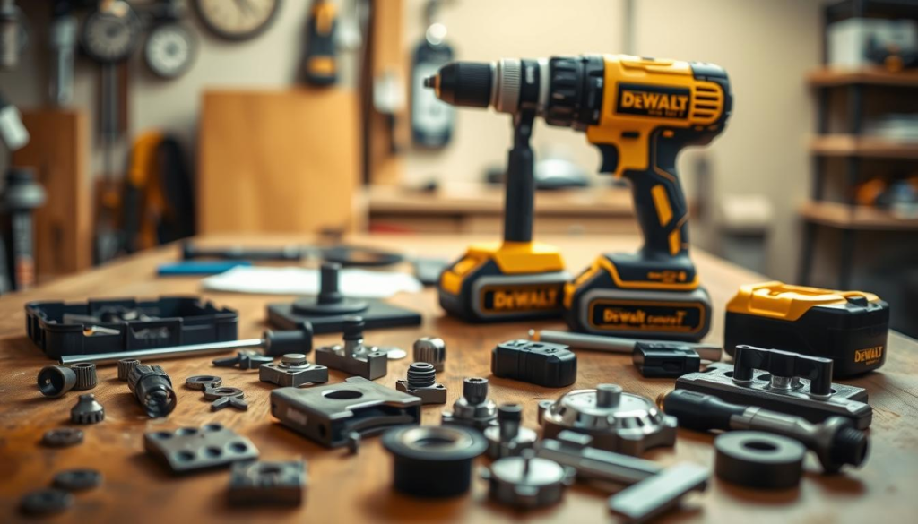 A workshop table under warm, directional lighting, showcasing a disassembled DeWalt punch kit. The foreground features the components laid out neatly - punches, dies, and a maintenance tool kit. In the middle ground, a DeWalt cordless drill with a punch accessory attached, highlighting the tool's versatility. The background subtly blurs, maintaining focus on the kit's intricate parts and the careful maintenance process. The scene conveys a sense of precision, organization, and the thoughtful care required to ensure the longevity of this specialized electrical installation tool.