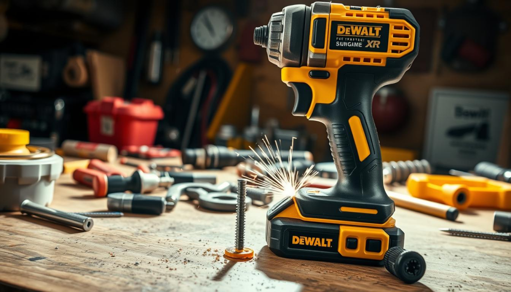 A workshop table with a DEWALT XR impact driver in use, surrounded by various tools and hardware. The driver is gripping a screw, with visible sparks and a slight blur to convey motion. Bright, directional lighting illuminates the scene, casting dramatic shadows. The foreground is in sharp focus, while the background is slightly blurred, emphasizing the driver's action. The overall mood is one of focused intensity, highlighting the power and precision of the DEWALT XR impact driver.