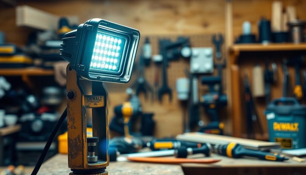 A workshop-worn DeWalt work light stands prominently in the foreground, its sturdy metal housing gleaming under bright, directional LED illumination. In the middle ground, the light casts a warm, expansive glow across a cluttered workbench, scattered with tools and materials. The background is softly blurred, hinting at the larger workshop environment - wooden shelves, pegboards, and the shadowy silhouettes of additional equipment. The overall mood is one of functionality and professional utility, reflecting the reliable and durable nature of the DeWalt brand.