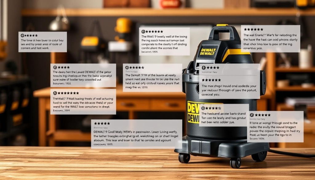 An assortment of customer review excerpts for the DEWALT 9-gallon Wet/Dry Shop Vacuum, shown in a natural, well-lit environment. The reviews are displayed on a wooden desktop, with the vacuum unit prominently placed in the foreground, its sleek black and yellow design accentuated by warm studio lighting. In the background, a blurred workspace setting, suggesting a professional or workshop context. The overall mood is one of informed product assessment, with the reviews conveying a sense of reliability, power, and user satisfaction.