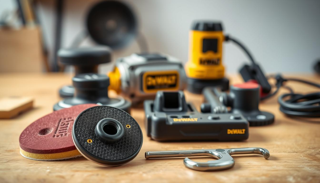 An assortment of genuine DeWalt sander parts laid out on a clean, well-lit workbench. The parts are arranged neatly, with a focus on the distinct textures and shapes that define the brand's high-quality craftsmanship. In the foreground, a sanding pad, vacuum adaptor, and wrench stand out, showcasing the essential components required for an orbital sander. In the middle ground, the motor housing, front grip, and other internal mechanisms are visible, highlighting the robust and durable construction. The background features a subtle, soft-focus gradient, drawing the viewer's attention to the subject matter. The overall composition conveys a sense of precision, attention to detail, and the reliability that DeWalt power tools are known for.