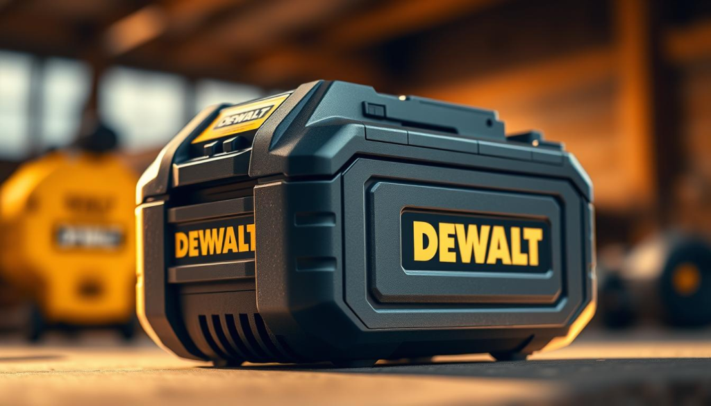 An expansive and detailed close-up view of a DEWALT 60V battery pack, showcasing its impressive features and compatibility. The battery is positioned centrally, bathed in warm, directional lighting that accentuates its sleek, industrial design. The foreground is sharply in focus, allowing the viewer to examine the battery's construction, terminals, and branding with clarity. The background is softly blurred, creating a sense of depth and emphasis on the subject. The overall mood is one of power, reliability, and technological innovation, reflecting the battery's capabilities and the trust associated with the DEWALT brand.