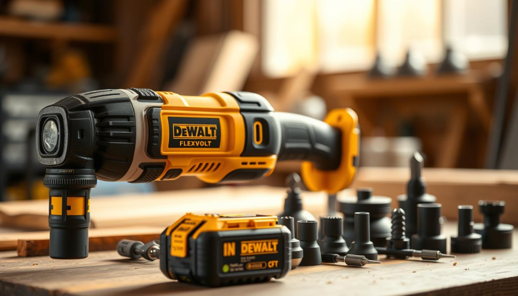 An expertly crafted DEWALT FLEXVOLT power tool, its sturdy body and sleek design gleaming under a warm, natural light. In the foreground, the tool's innovative battery system stands out, its flexible connection ports and power indicators showcasing the versatility that sets it apart. The middle ground features a selection of compatible attachments, each carefully detailed to highlight the tool's wide range of applications. In the background, a softly blurred workshop environment suggests the FLEXVOLT's seamless integration into any professional setting, ready to tackle a variety of demanding tasks with power and precision.