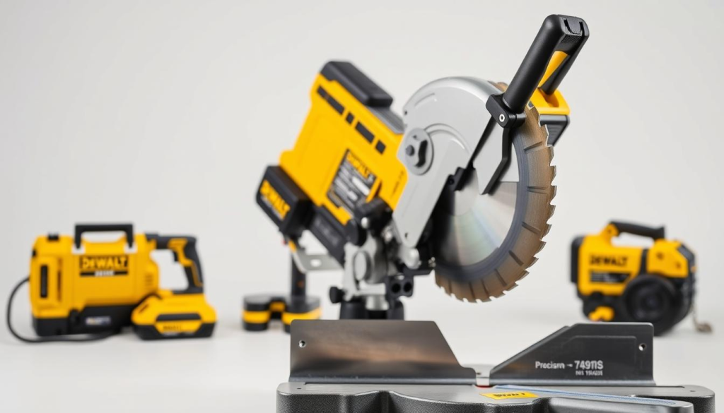 An expertly crafted comparison of the DEWALT 7491RS compound miter saw, showcased in a well-lit, studio-style setting. The saw is presented at an angle, allowing viewers to appreciate its robust construction and advanced features. In the foreground, the saw's blade and precision adjustment knobs are in sharp focus, highlighting its cutting capabilities. The middle ground features additional DEWALT power tools, creating a cohesive product lineup. The background has a minimalist white backdrop, maintaining visual clarity and emphasizing the products. Lighting is soft and even, casting subtle shadows that accentuate the saw's contours and materials. The overall composition conveys the power, reliability, and attention to detail that define the DEWALT 7491RS.