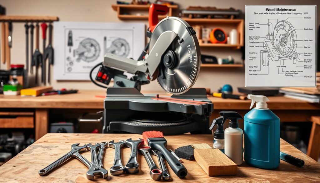 An immaculately maintained miter saw on a sturdy workbench, surrounded by essential tools and supplies. The saw's blades shine under the warm, directional lighting, highlighting its precision and care. In the foreground, a set of well-organized wrenches, brushes, and cleaning solutions stand ready for routine maintenance. The mid-ground features a technical diagram detailing the saw's components, conveying the importance of understanding its inner workings. The background depicts a clean, organized workshop, projecting a sense of professionalism and longevity. The overall scene exudes a feeling of diligence, attention to detail, and a commitment to preserving the performance of this invaluable woodworking tool.