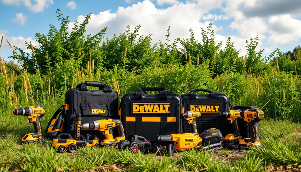 An outdoor scene with a prominent display of DEWALT outdoor tool accessories in the foreground. The accessories are shown against a backdrop of lush greenery and a partly cloudy sky. The lighting is natural and warm, casting soft shadows and highlights on the tools. The composition showcases the durability, versatility, and premium quality of the DEWALT accessories, such as power tools, hand tools, storage solutions, and protective gear. The image conveys a sense of ruggedness, reliability, and readiness for any outdoor task or DIY project.
