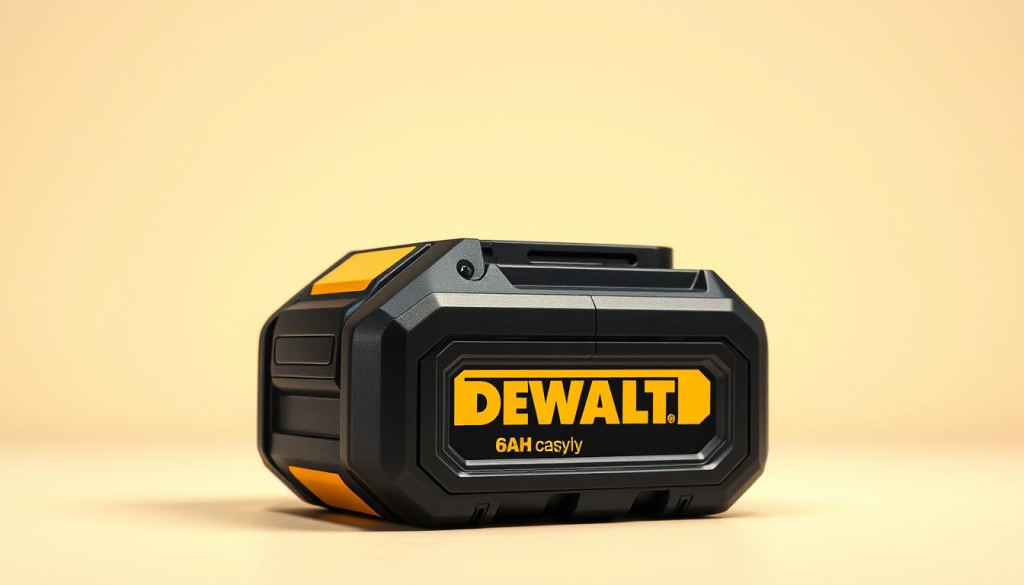 Centered on a sleek and modern DEWALT power tool battery, this image showcases its impressive 6AH capacity. The battery is depicted in high detail, with a bold black and yellow color scheme that exudes power and durability. The lighting is crisp and directional, casting sharp shadows that highlight the battery's robust construction and intricate design elements. The background is a clean, minimalist studio setting, allowing the battery to be the focal point and emphasizing its real-world applications in a professional, well-crafted manner. The overall mood is one of precision, efficiency, and the reliable performance that DEWALT tools are known for.