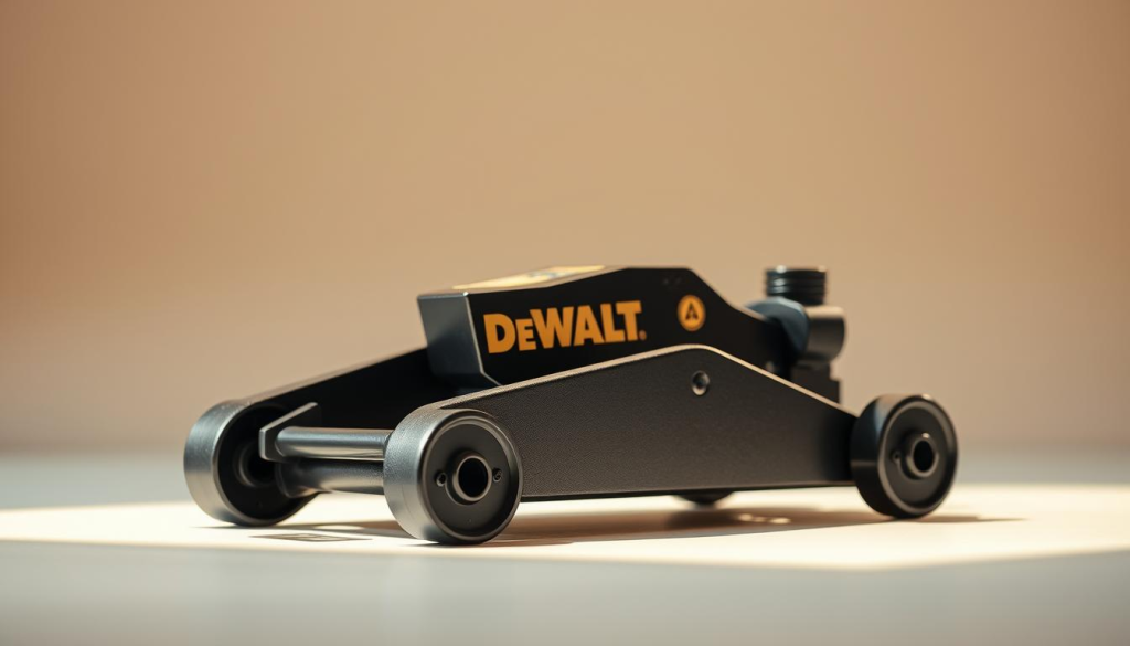 Closeup of a high-quality Dewalt jack, showcasing its sturdy construction and powerful design. The jack is made of heavy-duty steel with a sleek, black finish, exuding a sense of industrial strength and reliability. Positioned in a well-lit, minimalist setting, the jack is captured from a slightly low angle, emphasizing its robust and dependable presence. Soft shadows cast beneath the jack create depth and dimensionality, highlighting its solid foundation. The lighting is warm and natural, evoking a sense of quality craftsmanship and premium performance. The overall composition conveys the Dewalt jack's capabilities as a versatile and trustworthy tool, perfect for a wide range of automotive and DIY applications.
