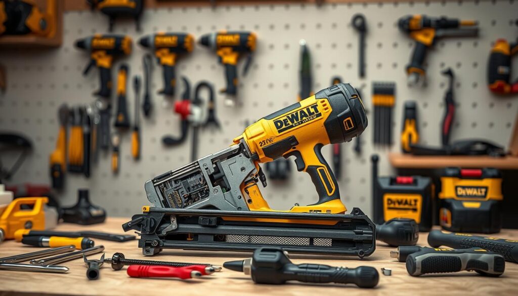 Closeup shot of a DeWalt 20V cordless framing nailer on a workbench, with various maintenance tools arranged neatly around it. The nailer is disassembled, showcasing its inner mechanisms and components. Soft, even lighting illuminates the scene, emphasizing the intricate details. In the background, a wall-mounted tool rack holds additional DeWalt power tools, creating a professional workshop atmosphere. The image conveys a sense of focused attention to detail, underscoring the importance of proper maintenance for peak performance of this powerful cordless framing nailer.