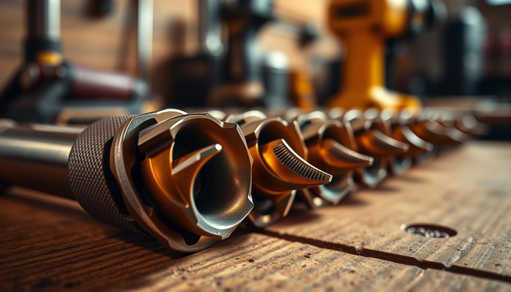 Closeup view of DEWALT auger bits on a wooden workbench, meticulously arranged. Warm directional lighting illuminates the textured metal surfaces, highlighting the intricate serrated edges and precision-engineered flutes. The bits are showcased in various sizes, each gleaming with a polished chrome finish. The background is softly blurred, keeping the focus on the tools and conveying a sense of professional expertise and attention to detail. The overall mood is one of reliable power and carefully maintained equipment, reflecting the care and maintenance required for optimal performance.