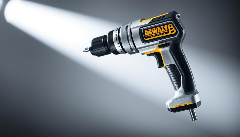 Compact right angle drill, its sleek metallic body gleaming under bright studio lighting. The drill's ergonomic grip and compact size are showcased, highlighting its ease of use and maneuverability in tight spaces. The drill's powerful motor and precision gearing are subtly visible, conveying its capacity for demanding tasks. The image captures the drill's versatility, suitable for a range of home improvement or professional applications. The overall atmosphere is one of power, efficiency, and the promise of unlocking new levels of precision with DEWALT's engineering expertise.