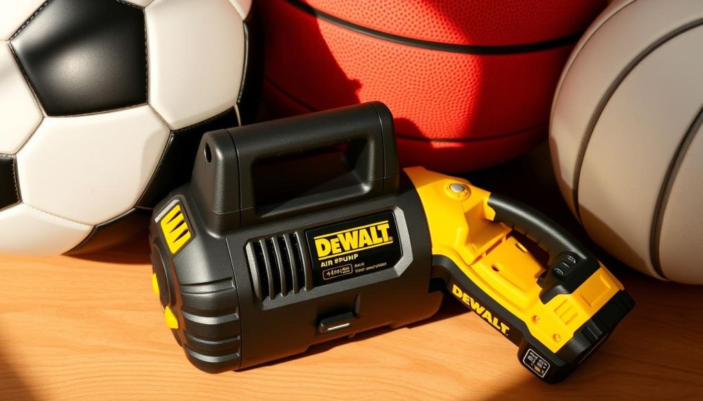 Cordless DEWALT air pump effortlessly inflating a variety of sports equipment - soccer ball, basketball, and volleyball. The pump's sleek black and yellow design is prominently featured, resting on a wooden surface. Soft, natural lighting casts warm shadows, highlighting the pump's sturdy construction and the smooth, inflated textures of the sports gear. The scene evokes a sense of ease and functionality, perfectly complementing the "Using DEWALT Air Pumps for Sports Equipment" section of the article.