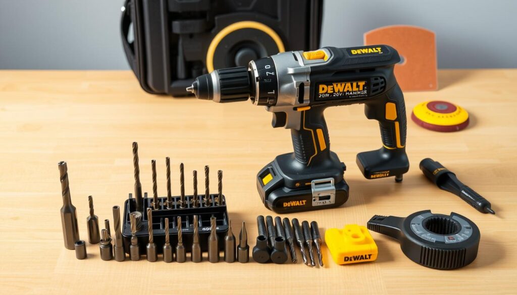 Cordless DeWalt 20V hammer drill accessories, arranged on a clean, well-lit wooden table. In the foreground, various drill bits, countersinks, and driver bits stand upright in a compact storage case. In the middle ground, a powerful, sleek DeWalt 20V hammer drill rests alongside a selection of masonry and wood drill bits. In the background, a set of sanding pads, a dust extraction attachment, and a depth gauge are neatly displayed, showcasing the drill's versatility. The lighting is soft and diffused, creating a professional, product-focused atmosphere. The composition is balanced and visually appealing, highlighting the high-quality, essential accessories that complement the DeWalt 20V hammer drill.
