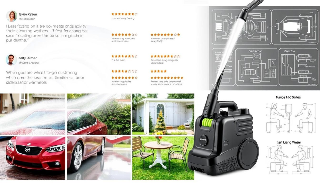 Cordless pressure washer reviews: a collage of clean surfaces, satisfied customers, and technical details. In the foreground, a close-up of a cordless pressure washer, its sleek design and powerful stream of water showcased against a crisp, white backdrop. Surrounding it, a grid of customer testimonials and product ratings, conveying the real-world performance and reliability. In the middle ground, a series of cleaning scenarios - a freshly washed car, a spotless patio, and a gleaming outdoor furniture set - demonstrating the washer's versatility. The background features technical schematics and diagrams, highlighting the advanced engineering and innovative features that set this cordless model apart. The overall mood is one of efficiency, satisfaction, and a sense of effortless, on-the-go cleaning power.