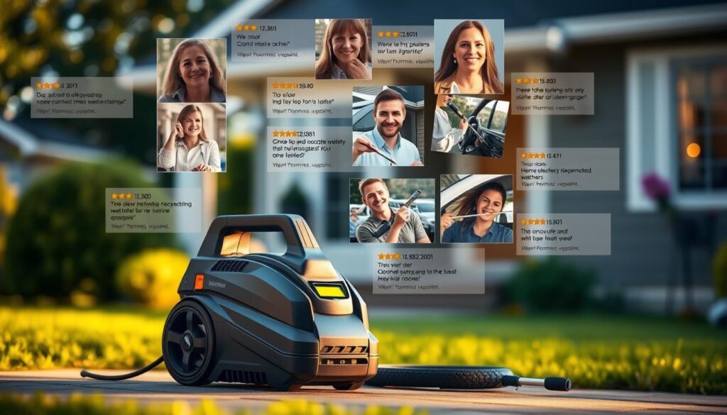 Cordless pressure washer reviews, a vivid display of customer experiences. In the foreground, a sleek, modern pressure washer unit, its cordless design showcasing its versatility. Surrounding it, a collage of product reviews, each one a testament to its performance and reliability. The middle ground features satisfied homeowners, their faces lit with expressions of contentment as they utilize the pressure washer for a variety of cleaning tasks, from patios to vehicles. In the background, a softly blurred scene of a well-maintained household, hinting at the diverse applications of this cordless marvel. Warm, natural lighting illuminates the entire composition, creating a welcoming, almost serene atmosphere that invites the viewer to imagine themselves enjoying the convenience of this remarkable cleaning solution.