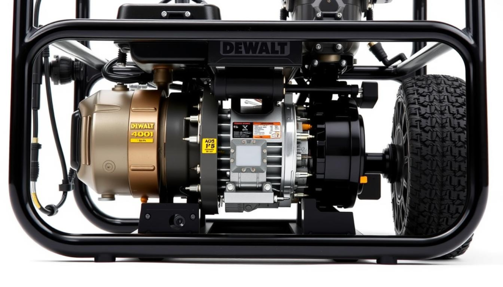 Detailed assembly of a DEWALT 4400 PSI pressure washer, showcasing its inner mechanisms and components. The machine is captured in a crisp, well-lit studio setup, with a clean, white background that highlights its sleek, professional design. The perspective is from a slightly elevated angle, allowing viewers to clearly see the various parts and how they fit together, including the powerful motor, sturdy frame, and high-pressure pump. The image conveys a sense of precision engineering and the heavy-duty, industrial-grade nature of this powerful cleaning tool, perfectly suited for the "Set-Up and Operation" section of the article.