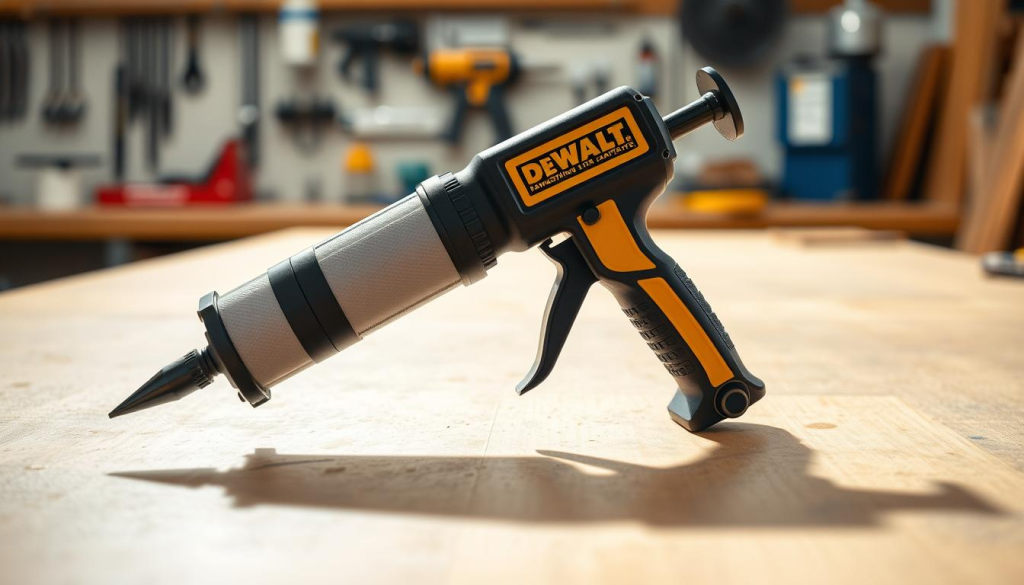 Detailed caulking gun by DEWALT, prominently displayed on a clean, well-lit workbench. The gun is captured from a low, frontal angle, highlighting its ergonomic design and sturdy construction. Soft shadows cast across the surface, emphasizing the textural details of the composite materials. The background is a subtly blurred workspace, suggesting a professional setting where the caulking gun would be utilized. An air of reliability and functionality permeates the scene, conveying the tool's practical, no-nonsense appeal to tradespeople and DIY enthusiasts.