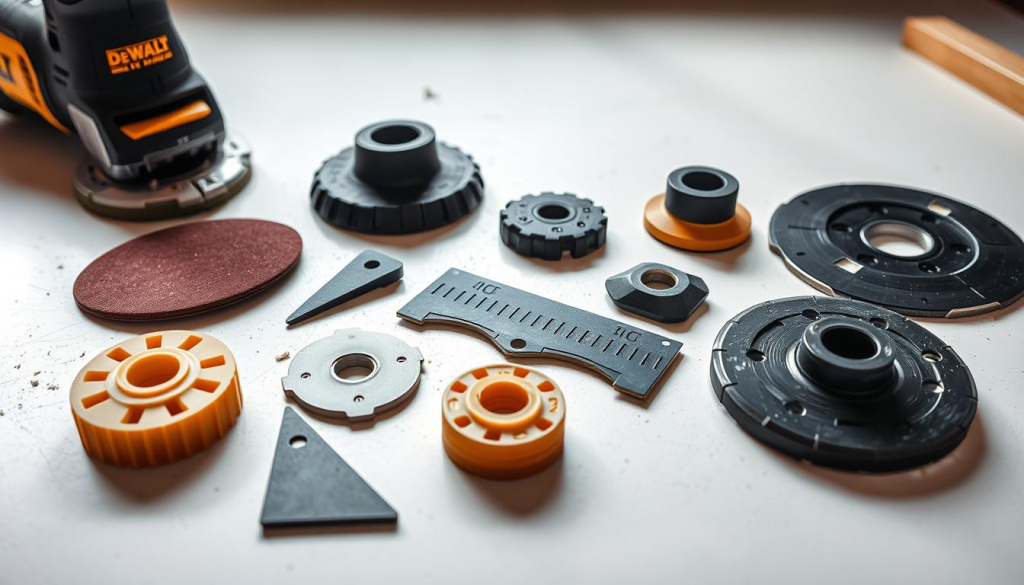 Detailed close-up image of various DEWALT oscillating multi-tool attachments, including sanding pads, scraper blades, and cutting discs, arrayed on a clean, well-lit workbench surface. The attachments are showcased in a crisp, professional manner, highlighting their high-quality construction and functionality. The lighting is bright and diffused, creating clean shadows and emphasizing the textures and materials of the tools. The composition draws the viewer's attention to the diverse capabilities of the multi-tool system, conveying a sense of professionalism and expertise in the use of these specialized accessories.