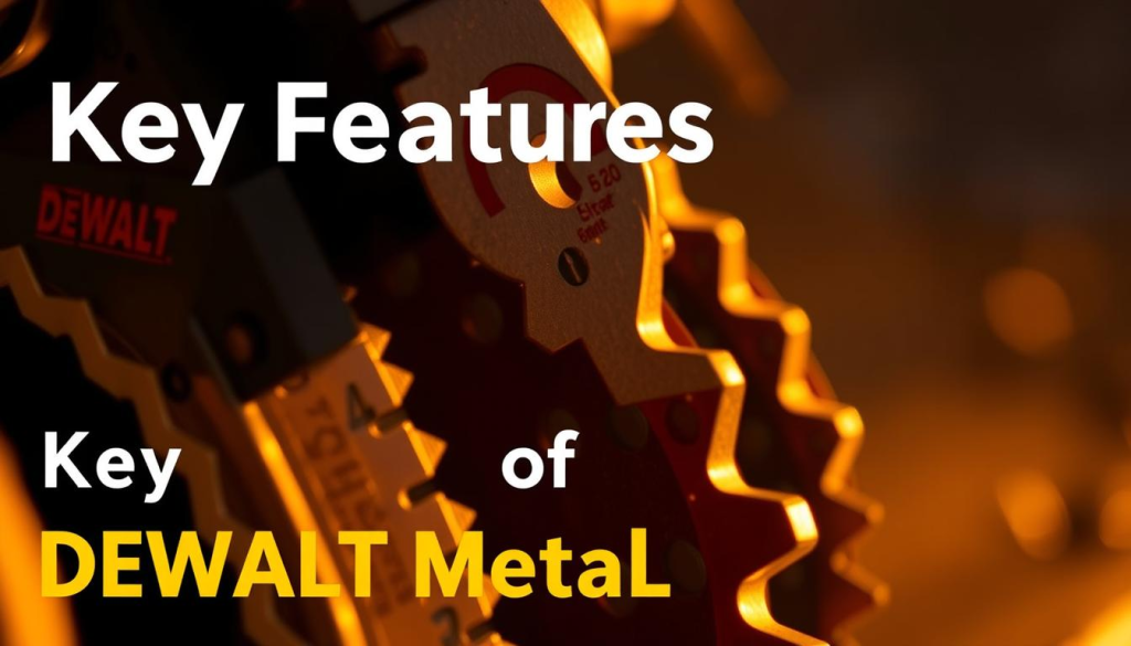 Detailed close-up of DEWALT metal shear blades, showcasing their sharp, serrated edges and durable stainless steel construction. The blades are illuminated by warm, directional lighting, casting dramatic shadows that highlight their intricate design. The foreground is in sharp focus, while the background is gently blurred, placing the emphasis on the shear mechanism. The image conveys the powerful, robust nature of these industrial-grade cutting tools, perfectly suited for the "Key Features of DEWALT Metal Shears" section.