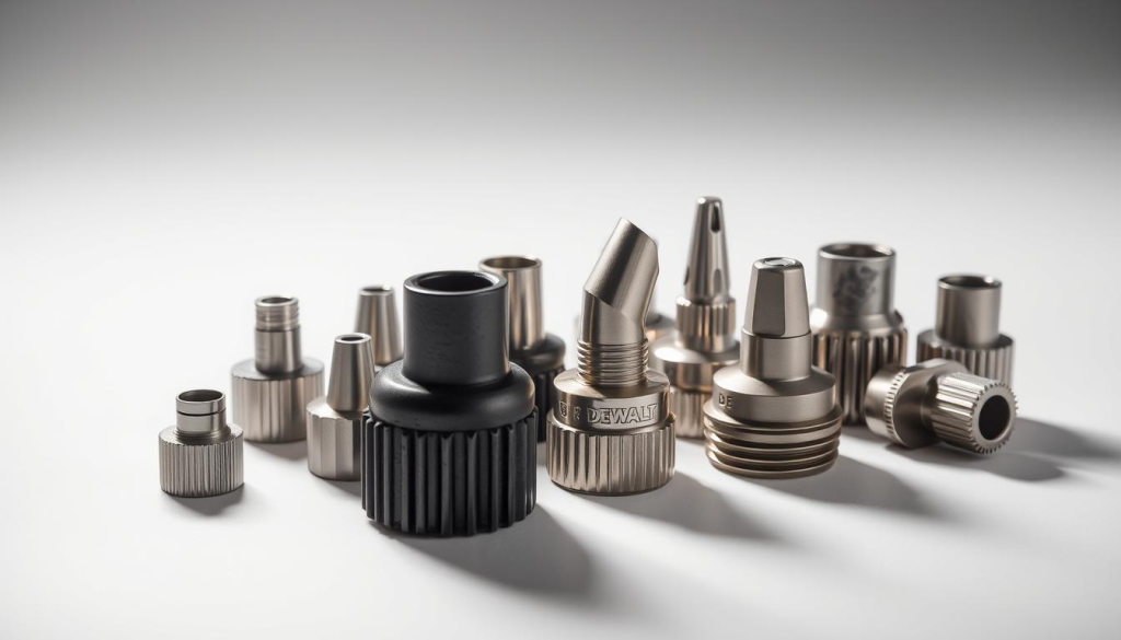 Detailed close-up of DEWALT sprayer tips in a well-lit studio setting, showcasing their various sizes, shapes, and functionalities. The tips are arranged on a clean, neutral-colored surface, with soft shadows and highlights accentuating their metallic textures. The lighting is evenly distributed, creating a clear and informative presentation that highlights the key features and differences between the tips. The overall mood is one of technical precision and product-focused attention, conveying the importance of proper sprayer tip selection and usage for successful painting projects.
