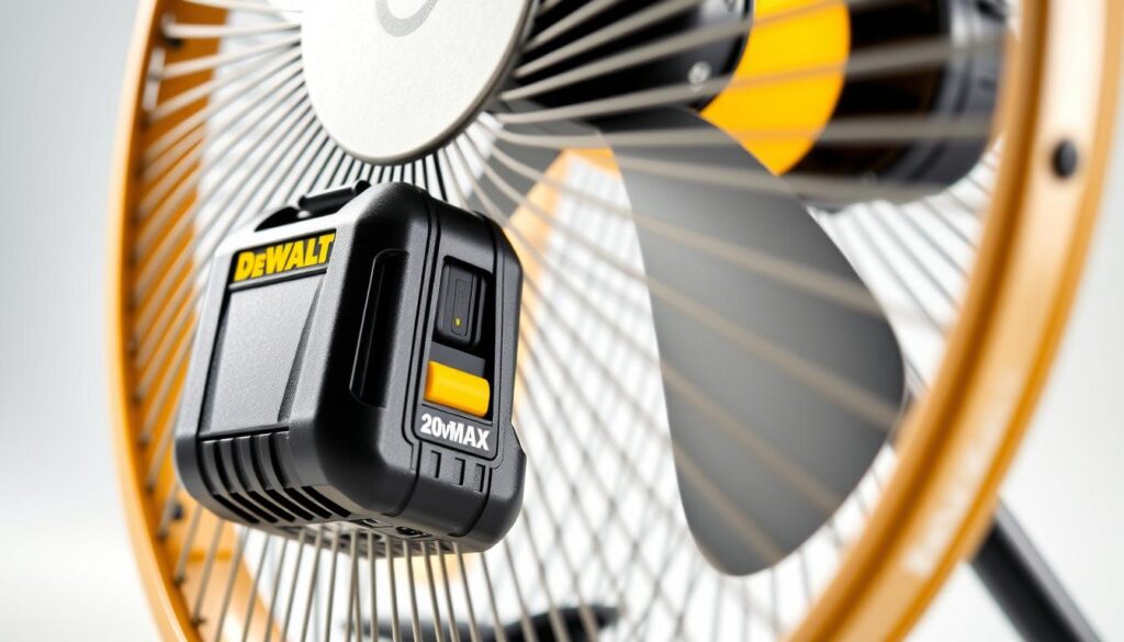 Detailed close-up of a DEWALT 20V MAX cordless fan, highlighting its lithium-ion battery pack. The fan is positioned in a well-lit studio setting, showcasing its sleek, modern design. The battery pack is prominently displayed, with its capacity and runtime indicators visible. The lighting accentuates the fan's metallic accents and creates a sense of depth and dimension. The overall composition emphasizes the fan's portability, power, and suitability for use in various outdoor and indoor settings.