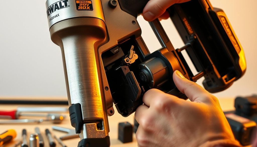 Detailed close-up of a DEWALT 20V MAX cordless nail gun undergoing maintenance. The brushed metal exterior glimmers under warm studio lighting, casting subtle shadows. In the foreground, a technician's hands carefully disassemble the tool, revealing its intricate inner workings - the battery compartment, motor, and precision mechanisms. The middle ground shows an array of small tools and spare parts neatly organized, ready for inspection and cleaning. The background is a clean, neutral workspace, allowing the subject to take center stage. The overall scene conveys a sense of professionalism, care, and the importance of maintaining high-performance power tools.