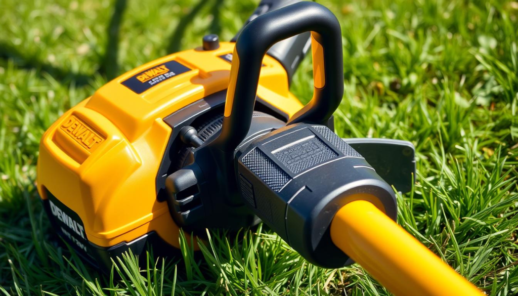 Detailed close-up of a DEWALT 20V cordless weed eater, resting on a grassy surface. The device is painted in DEWALT's signature yellow and black color scheme, with a powerful motor and trimmer head visible. Bright, natural lighting illuminates the scene, showcasing the sturdy construction and ergonomic design. The image captures the tool's key features, such as the variable speed trigger, adjustable shaft, and safety guard, highlighting its versatility and ease of use for tackling overgrown yards and gardens.