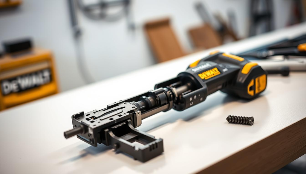 Detailed close-up of a DEWALT cordless screw gun, laid out on a clean, well-lit workbench. The screw gun is disassembled, its components neatly arranged, showcasing the intricate inner workings. Soft, diffused lighting illuminates the scene, emphasizing the precision engineering and attention to detail. In the background, a blurred, minimalist environment suggests a professional workshop setting. The overall mood is one of focus, care, and the importance of proper maintenance for ensuring the longevity and reliable performance of this power tool.