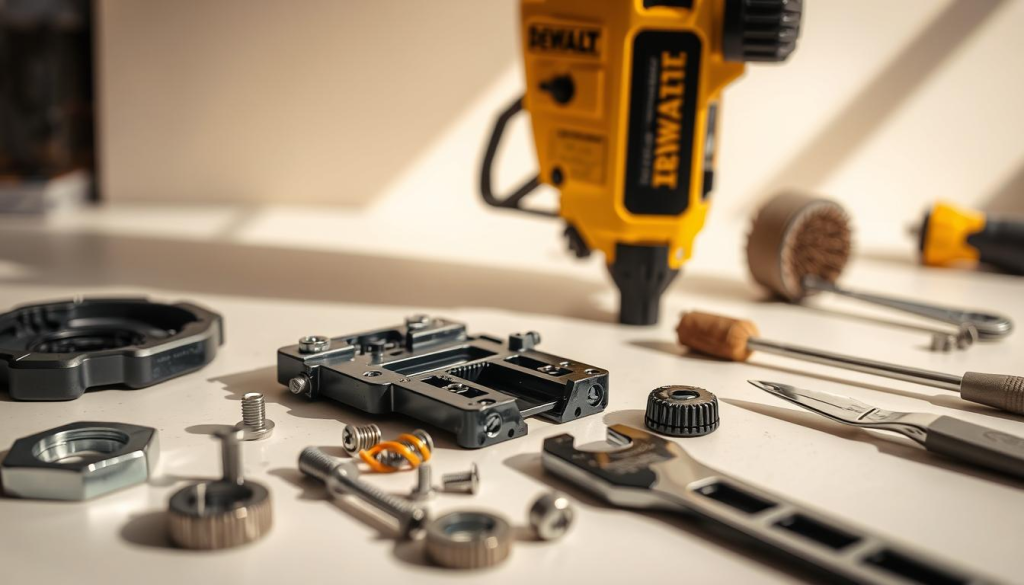Detailed close-up of a DEWALT framing nailer on a clean, well-lit workbench. The nailer is disassembled, with various components laid out neatly. The foreground showcases the inner mechanisms, screws, and springs, allowing a technical examination. The middle ground includes maintenance tools like a wrench, screwdriver, and cleaning brush. The background has a neutral, soft-focus setting, emphasizing the precision and care required for proper nailer upkeep. Lighting is natural yet directional, creating shadows that highlight the intricate details. The overall mood is one of thoughtful, methodical maintenance, reflecting the importance of keeping this powerful tool in peak condition.