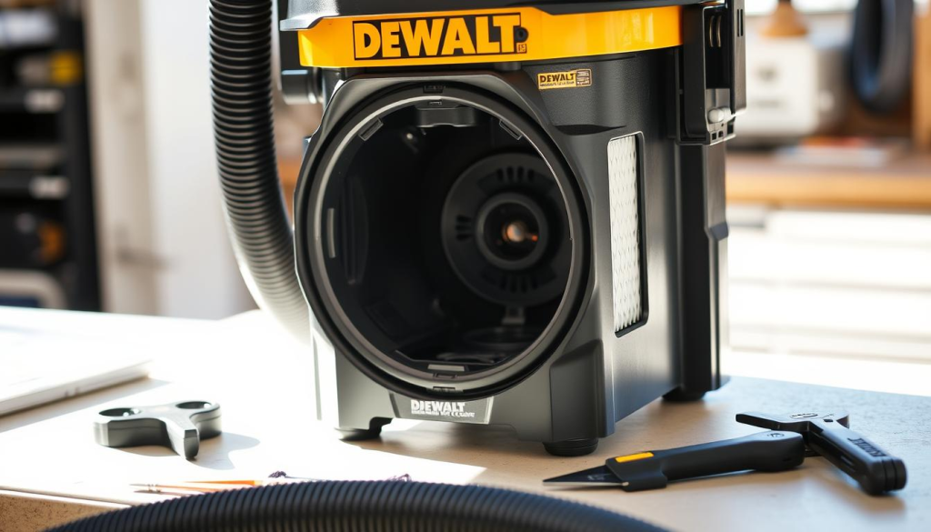 Detailed close-up of a DeWalt 9 Gallon Wet/Dry Vacuum Cleaner, positioned on a clean, organized workbench. The vacuum is open, with its inner components and filters visible, showcasing proper maintenance and servicing. Bright, natural lighting illuminates the scene, casting gentle shadows that highlight the machine's sturdy construction and attention to detail. The background is blurred, keeping the focus on the vacuum's intricate parts and the tools needed to maintain it, conveying a sense of functionality and professionalism. The overall mood is one of precision, care, and a commitment to keeping the DeWalt vacuum in peak condition for reliable, long-lasting performance.
