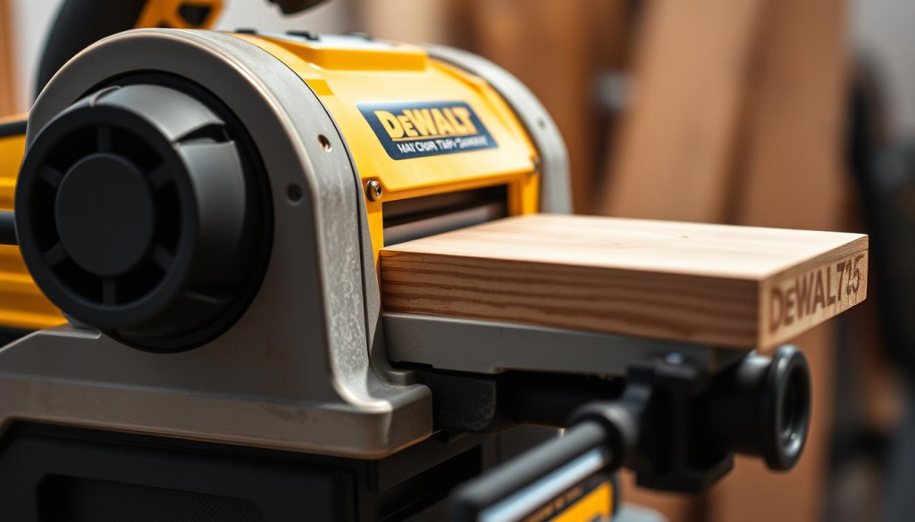 Detailed close-up of a Dewalt 735 planer in operation, capturing the machine in crisp focus as it effortlessly smooths a piece of wood. The planer's powerful motor and sharp blades are visible, showcasing the engineering precision that enables its smooth, efficient performance. Bright, even lighting illuminates the scene, casting subtle shadows that accentuate the planer's contours and the texture of the wood being processed. The foreground is dominated by the planer's sturdy casing and controls, while the background is blurred, keeping the viewer's attention firmly on the tool's active functionality.
